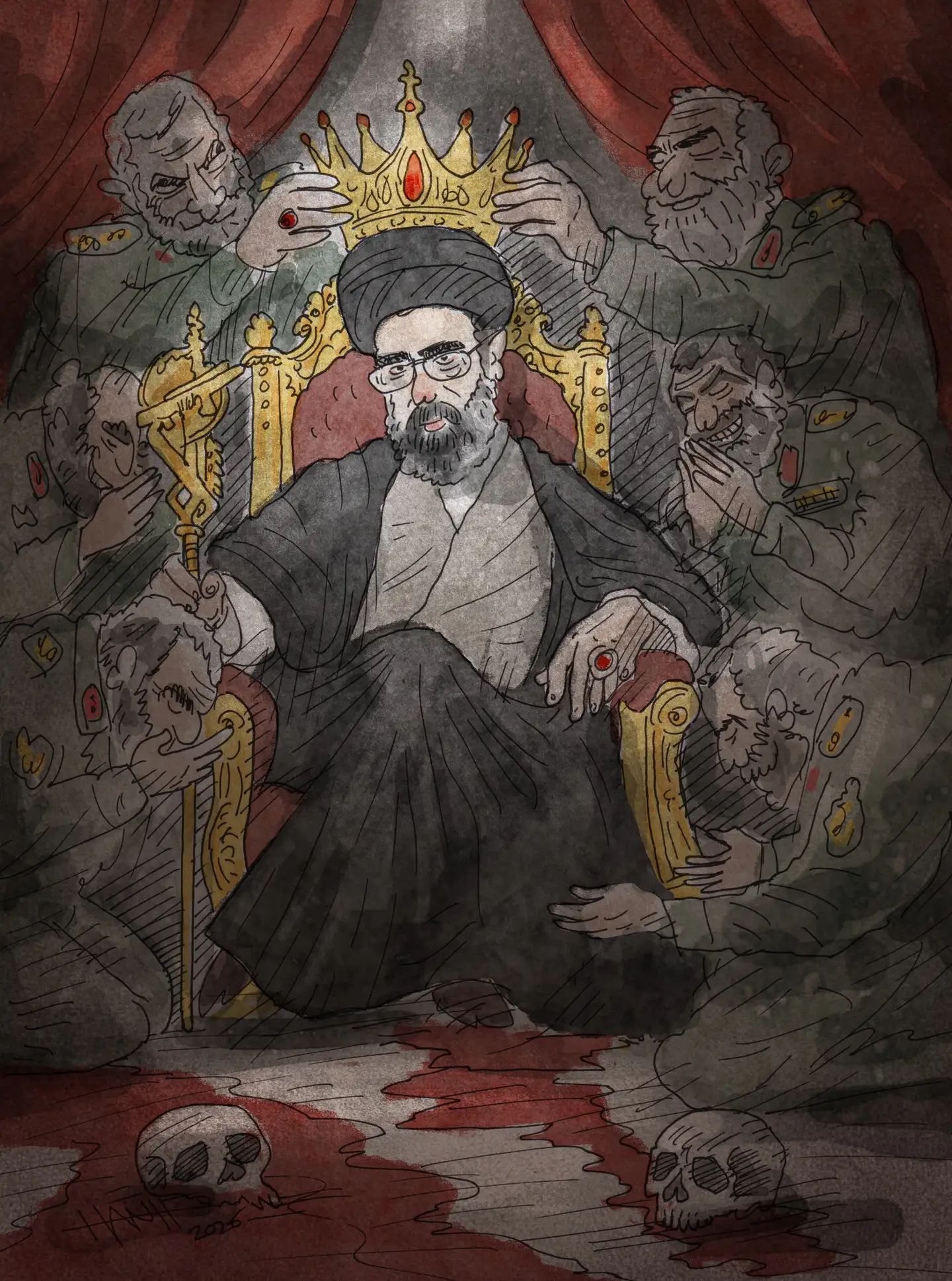 Dark editorial cartoon of a crowned cleric on a throne surrounded by military figures