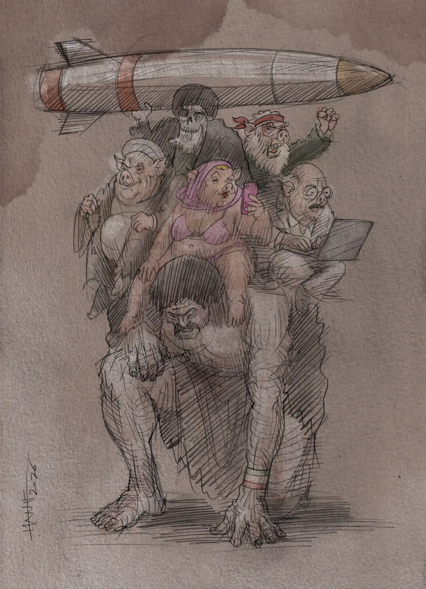 Editorial cartoon with a figure carrying a group of political characters beneath a missile