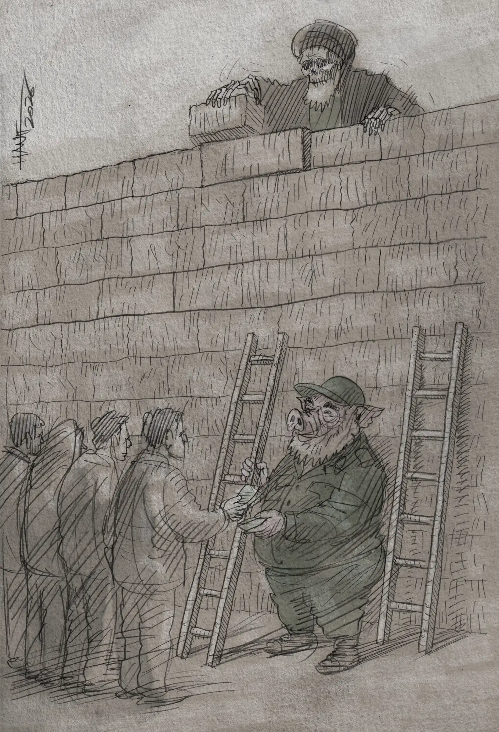 Editorial cartoon of a skeletal figure building a high wall while workers wait below