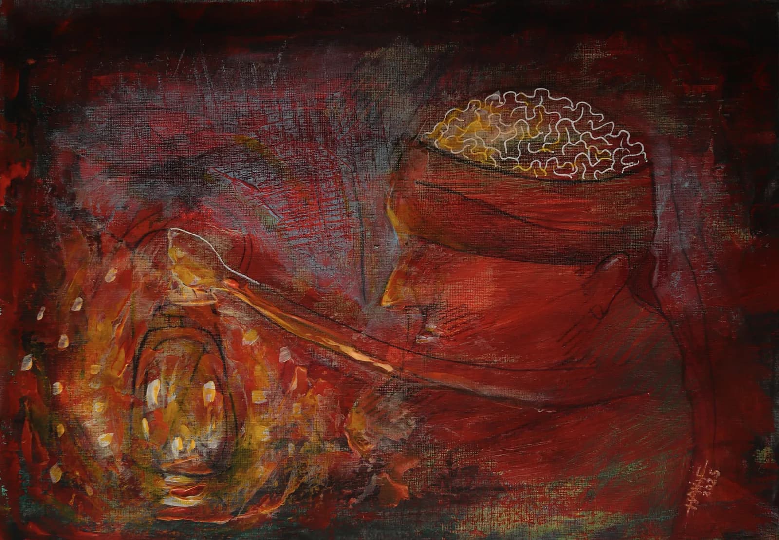 Red-toned painting of a profile projecting a bright beam toward a smaller face