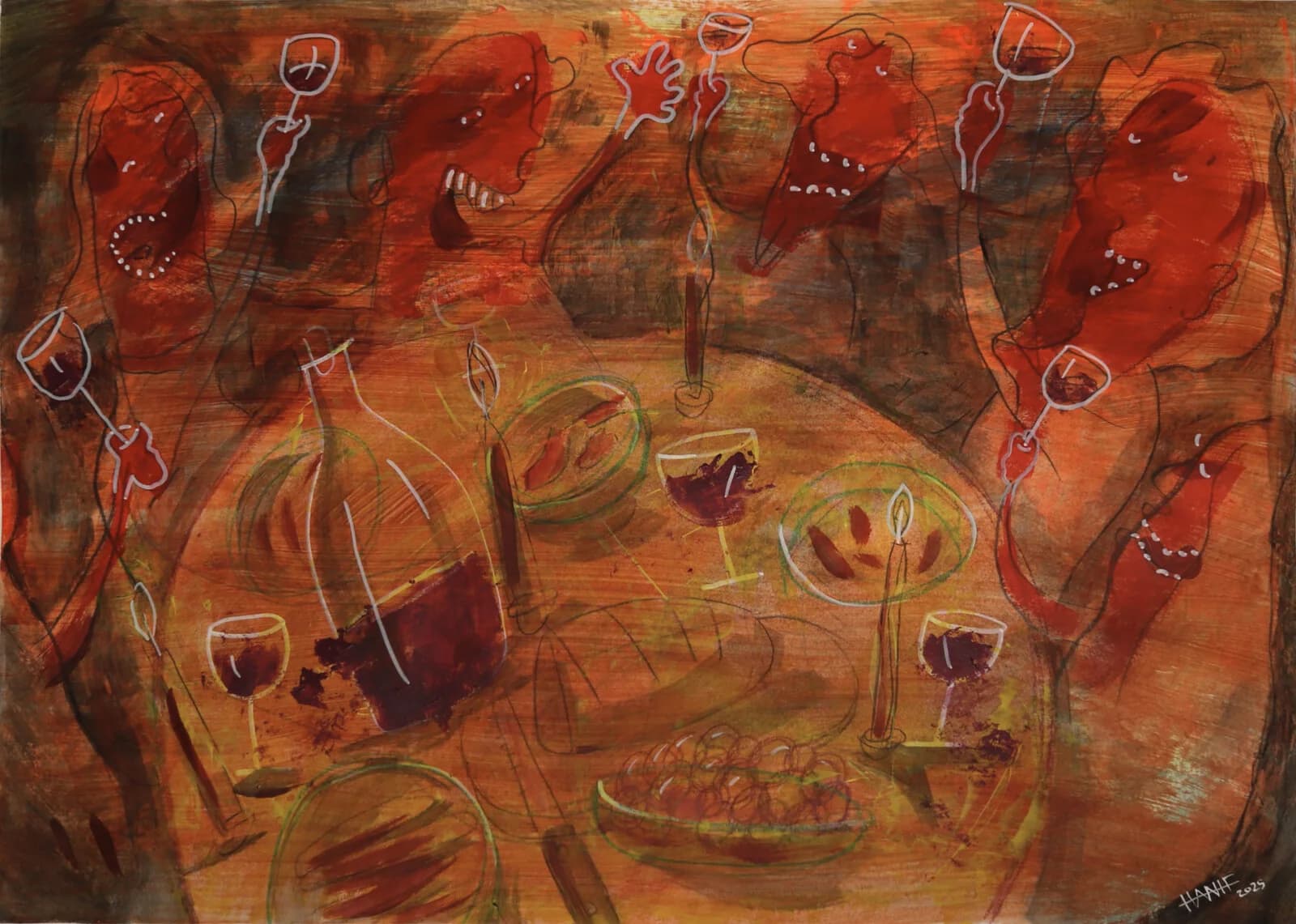 Orange-red painting of a crowded dinner table surrounded by gesturing figures
