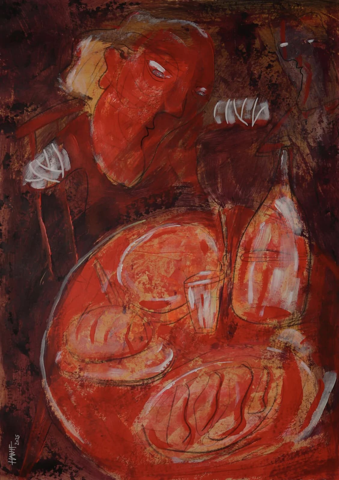 Red and brown painting of two figures at a table with bread, a bottle, and glasses
