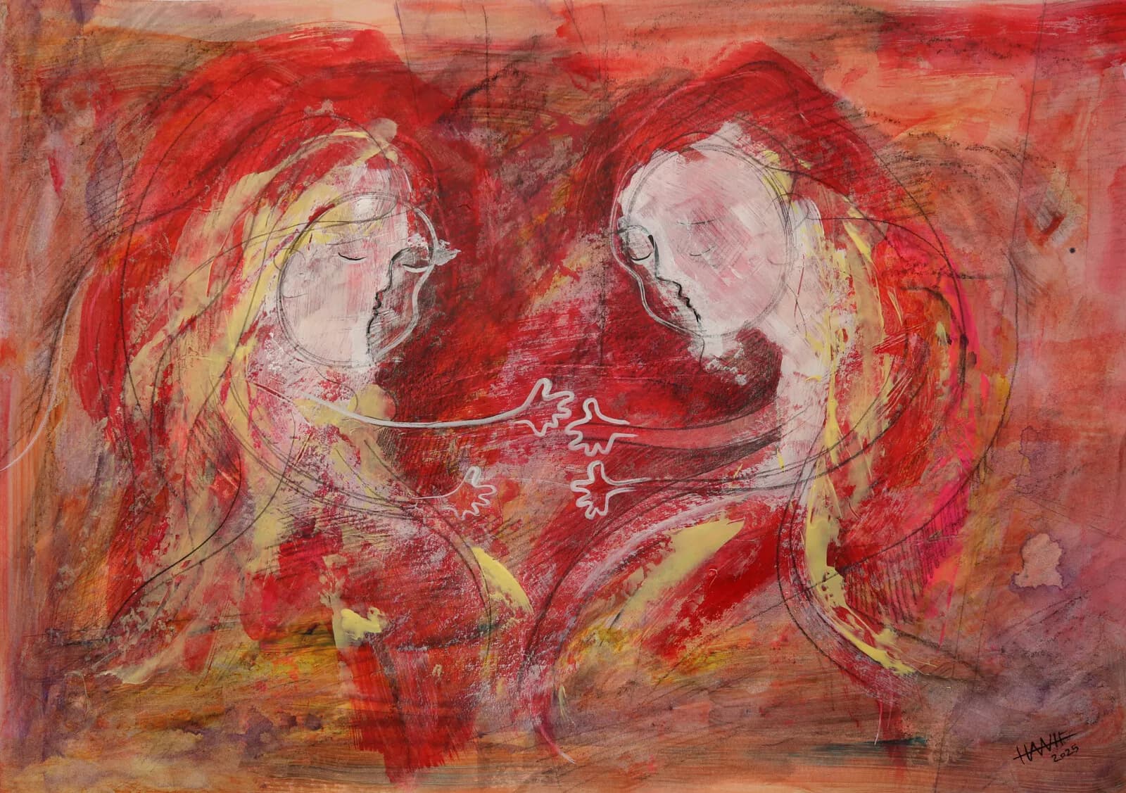 Red and coral painting of two closed-eyed figures reaching toward one another