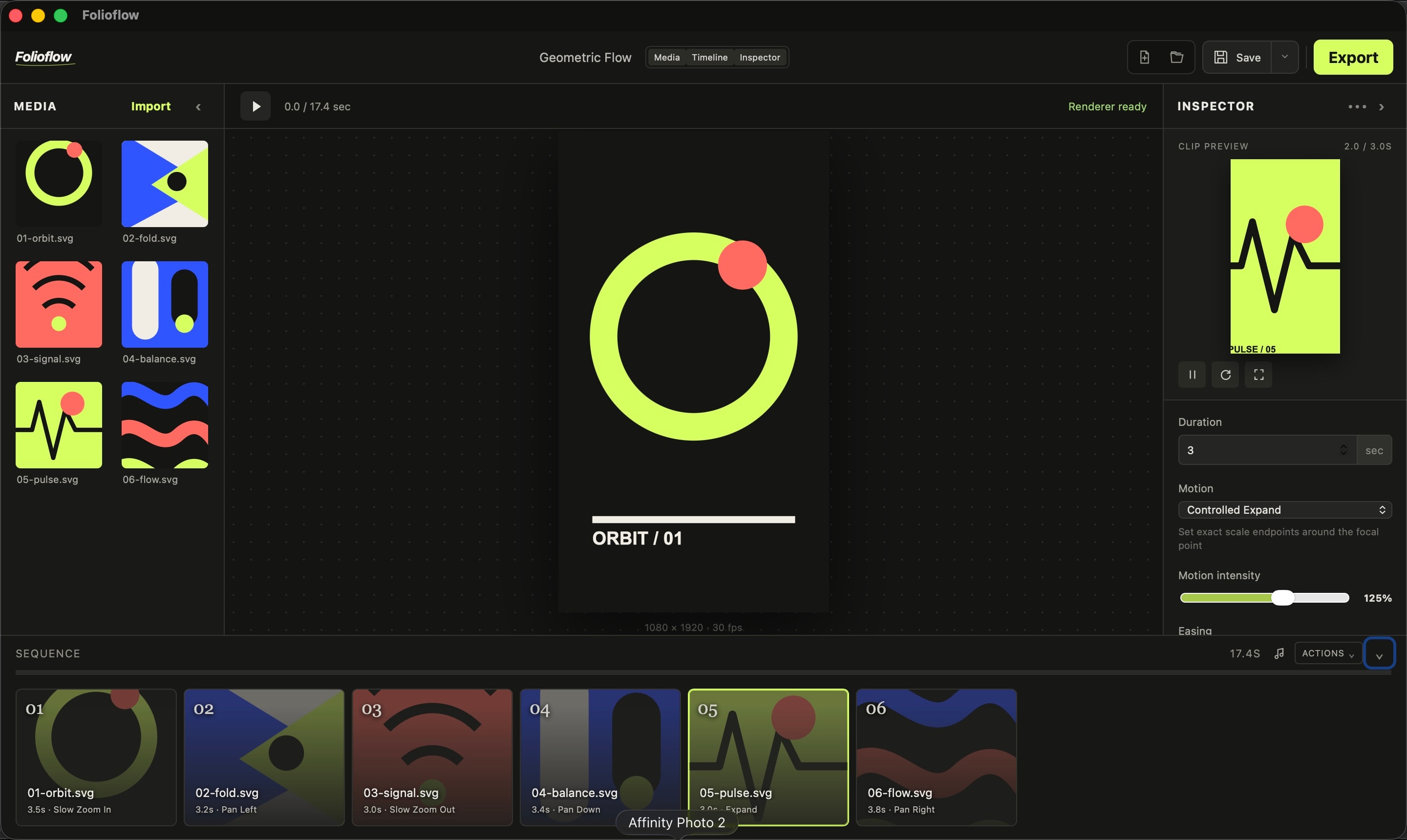 Folioflow Controlled Expand motion effect configured in the Inspector
