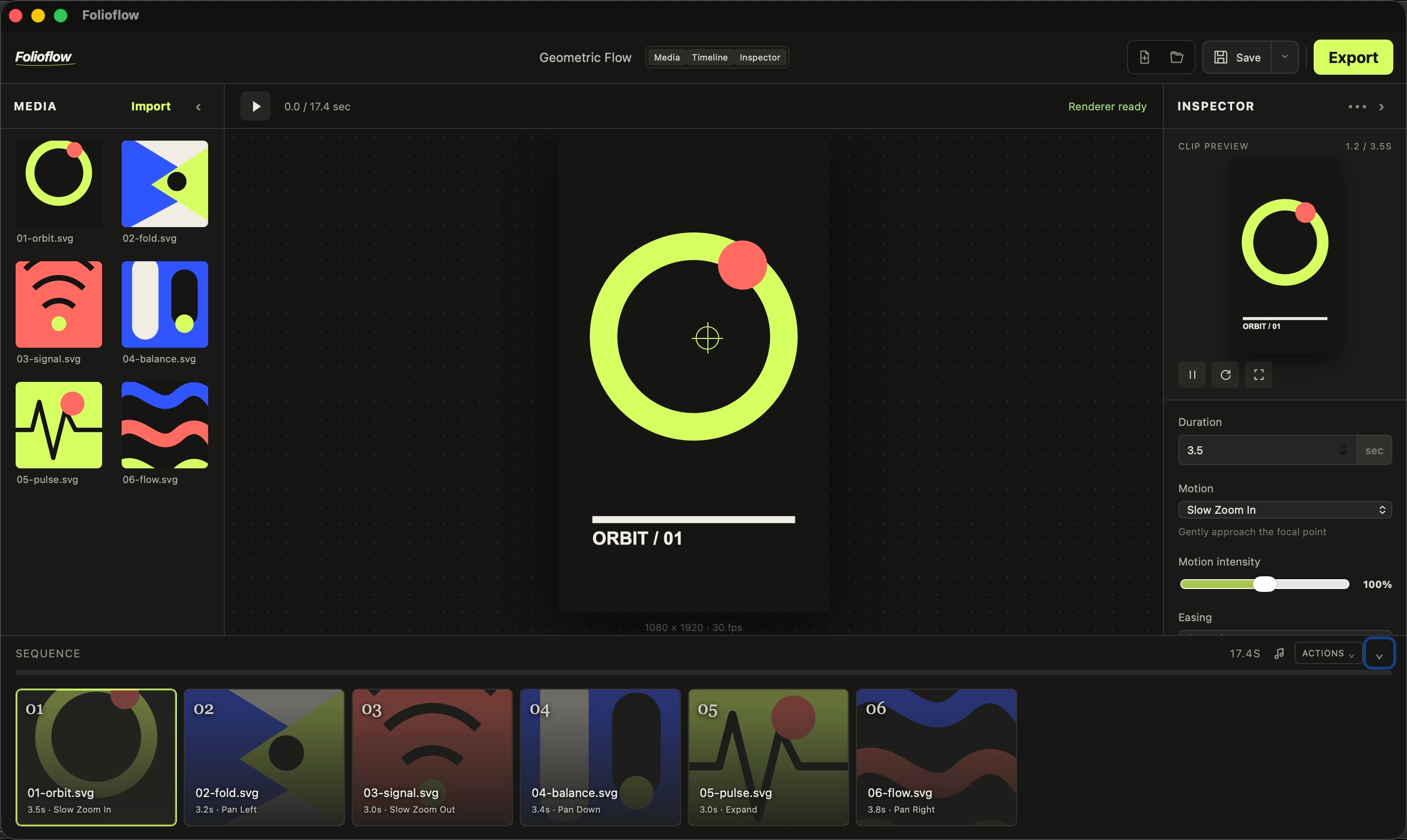 Folioflow motion inspector showing six geometric artworks, a portrait-video preview, and a visual timeline