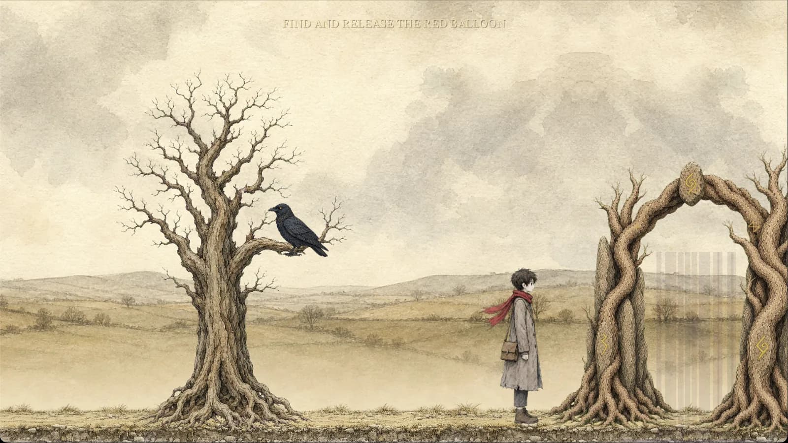 The traveler approaching an ancient tree gateway beside a black bird