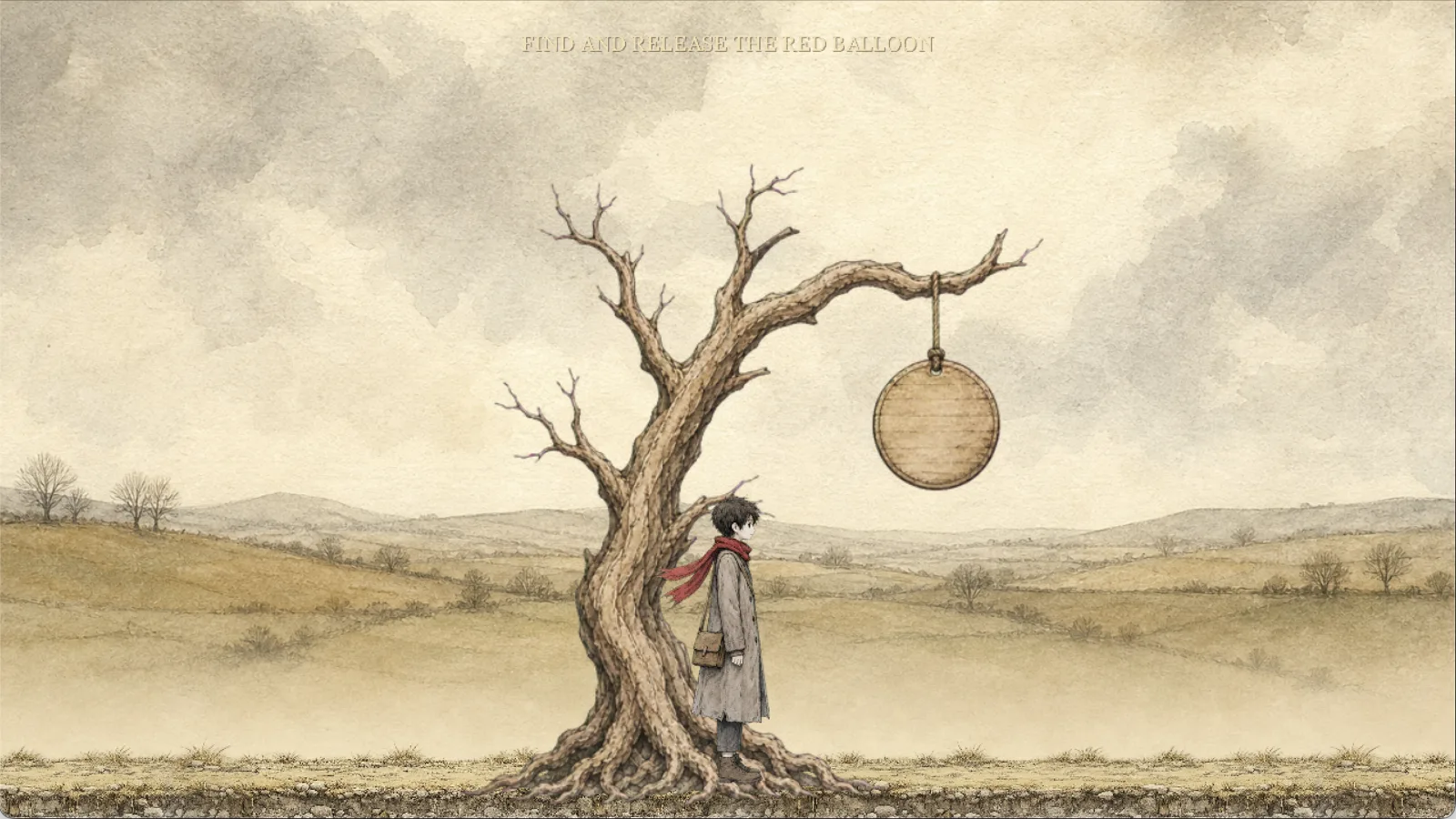 The traveler standing beneath a rune tree with a suspended circular puzzle element