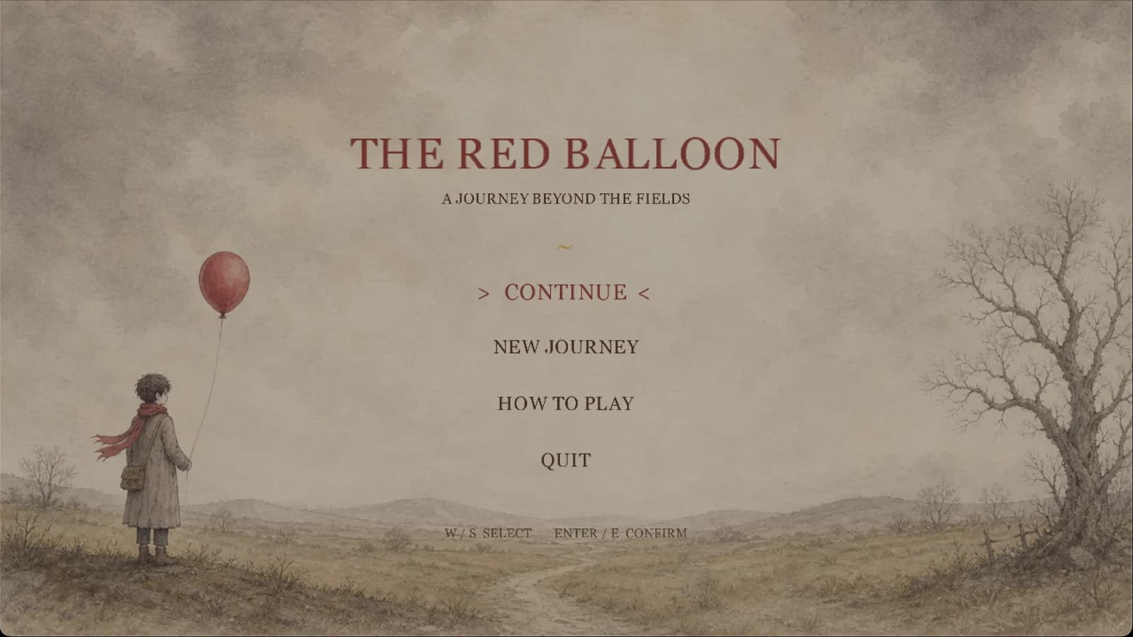 The Red Balloon title screen with a traveler, watercolor landscape, and journey menu