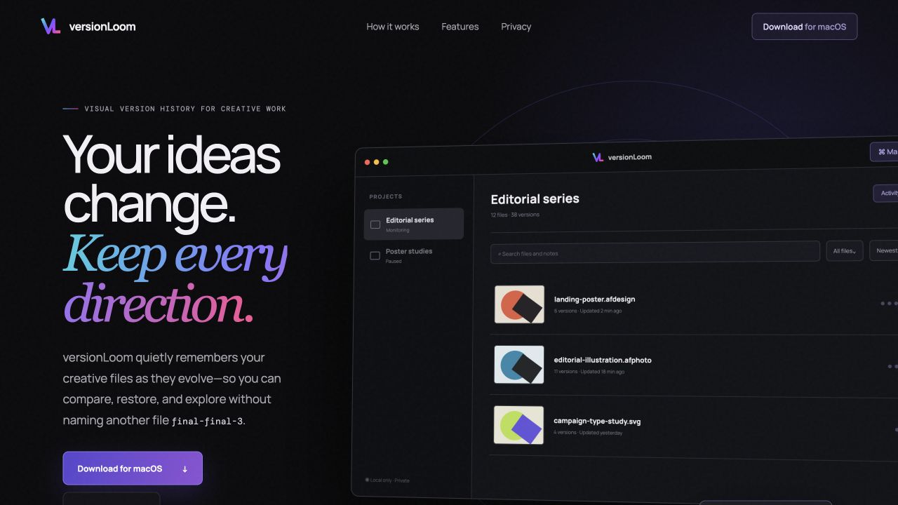 VersionLoom website hero showing the visual history workspace beside its creative workflow statement