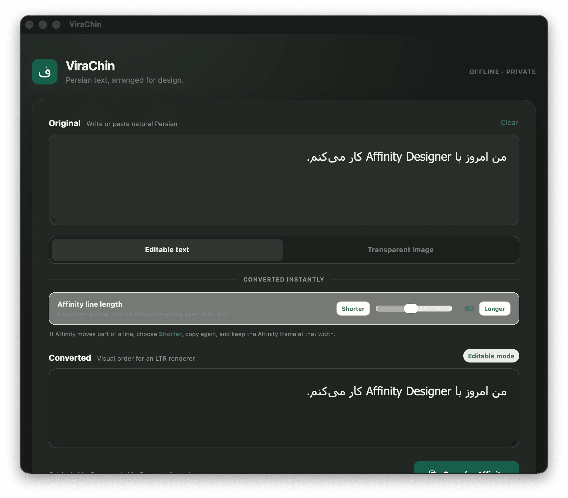 ViraChin editable compatibility mode with natural Persian input, Affinity line-length controls, and converted output